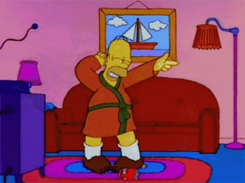 homer simpson is dancing in a living room with a picture of a sailboat in the background