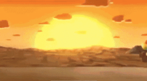 a cartoon illustration of a sunset with a large yellow sun shining through the clouds .
