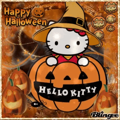 hello kitty is wearing a witch hat and sitting in a pumpkin