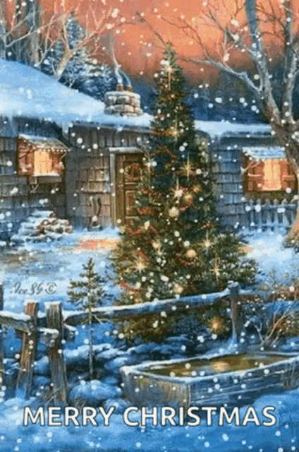 a merry christmas greeting card with a christmas tree in the foreground