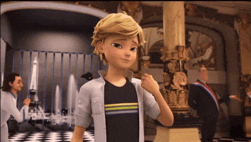 a cartoon character is standing in front of a fountain with the word miraculous on the wall