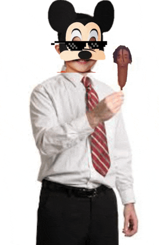 a man wearing a mickey mouse mask and sunglasses is holding a hot dog
