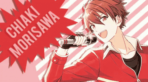chiaki morisawa is holding a microphone in front of a red star