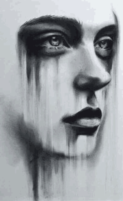 a black and white drawing of a woman 's face with tears coming out of her eyes .
