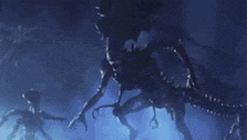 a group of aliens are flying through the air in a dark room