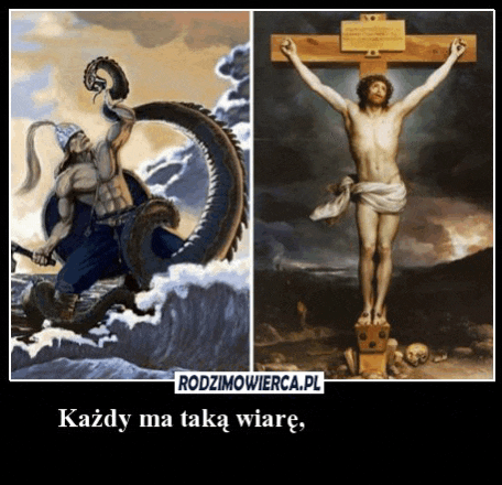 a painting of a dragon and a painting of jesus on the cross