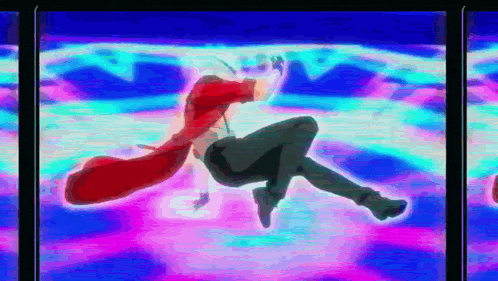 a person in a red cape is falling in the air on a colorful background .
