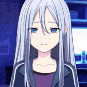 a girl with long white hair and blue eyes is wearing a blue jacket .