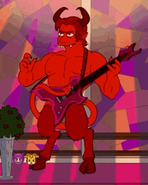 a cartoon devil is playing a guitar in front of a stained glass window