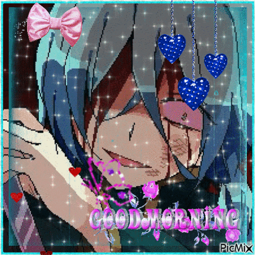 a picture of a girl with blue hair and the words good morning