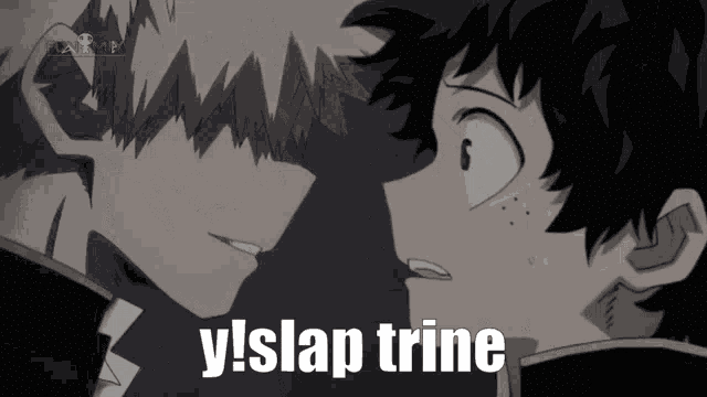 a couple of anime characters looking at each other with the words y slap trine above them