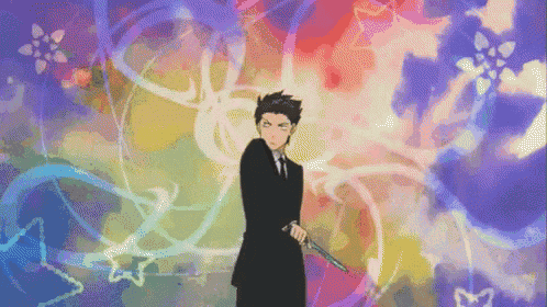 a man in a suit and tie is holding a sword in front of a colorful background
