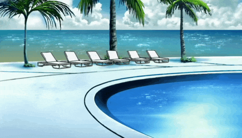 a swimming pool surrounded by chairs and palm trees