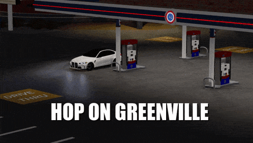 a car is parked at a gas station with the words hop on greenville