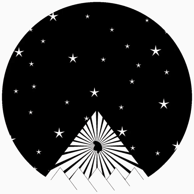 a black and white circle with mountains and stars and a red moon