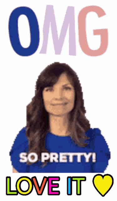 a woman wearing a blue shirt with the words omg so pretty love it