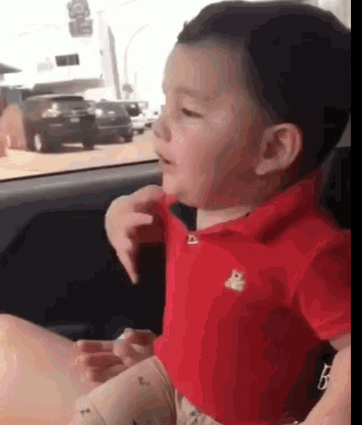 a little boy is sitting in a car wearing a red shirt .