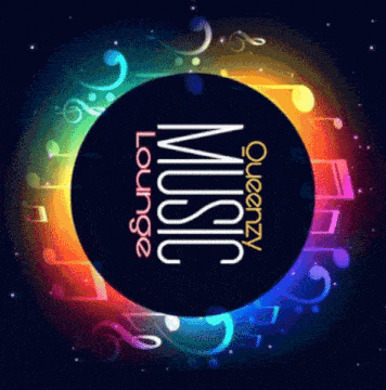 a poster for queenzy music lounge with a rainbow background