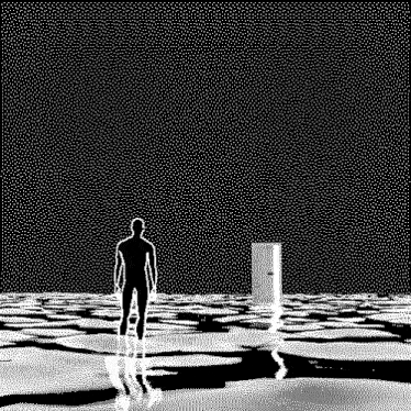 a black and white drawing of a man standing in front of a door in a maze .