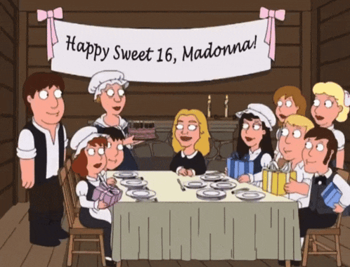 a group of people are sitting around a table with a banner that says happy sweet 16 madonna