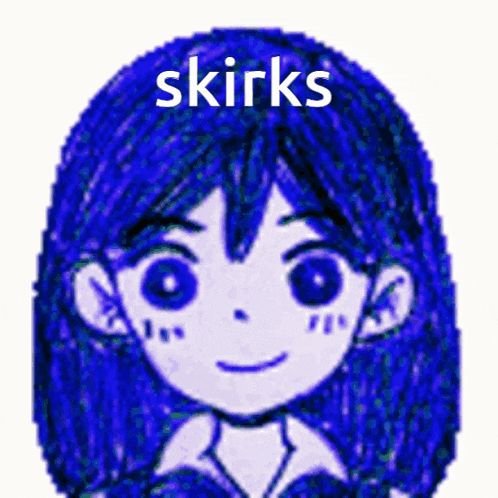 a drawing of a girl with blue hair and the words " skirks " above her
