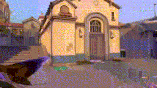 a cartoon drawing of a yellow building with stairs leading up to it