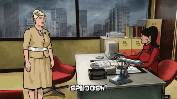 a cartoon of a woman standing next to another woman who is sitting at a desk with the words sploosh below her