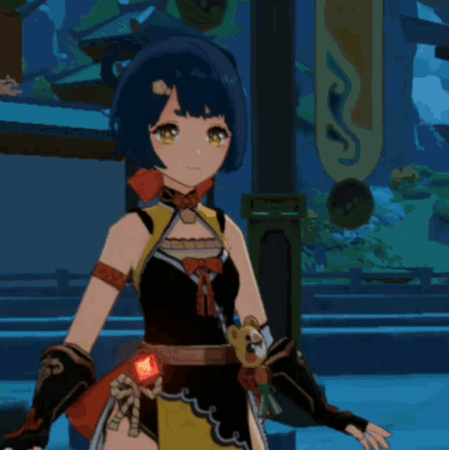 a girl with blue hair and yellow eyes is standing in front of a sign that says ' s ' on it