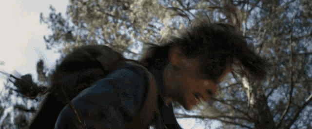 a person with a backpack is standing in a forest with trees in the background