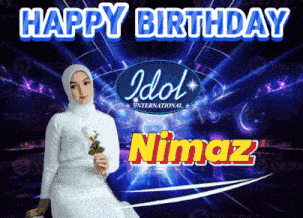 a woman in a white hijab is holding a flower in front of an idol logo