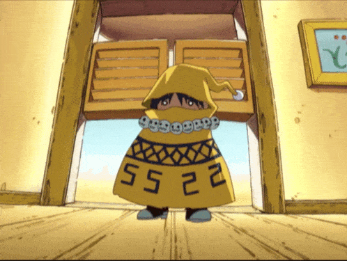 a cartoon character is wearing a yellow cape with the numbers 55 22 on it