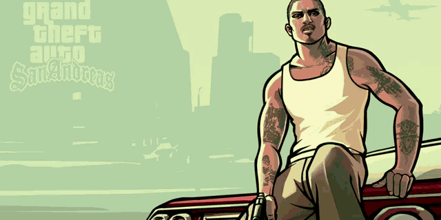 a poster for grand theft auto san andreas features a man with tattoos
