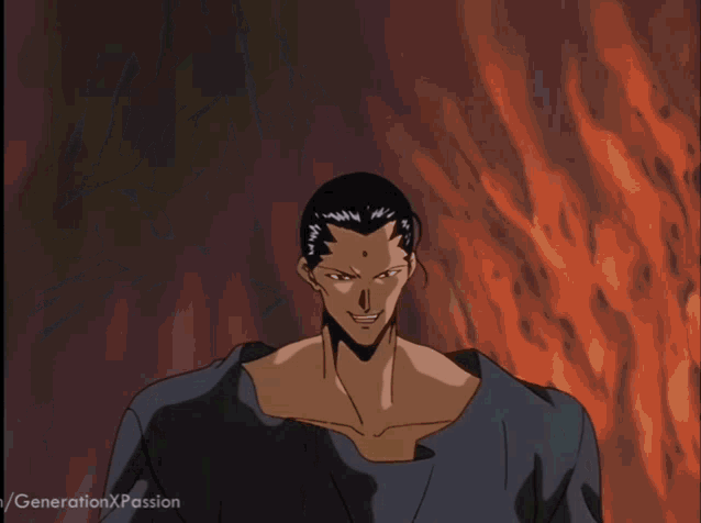 a cartoon of a man standing in front of a fire with the words generation x passion below him