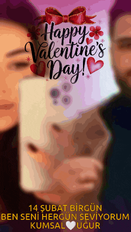 a happy valentine 's day greeting card with a man and woman holding a cell phone