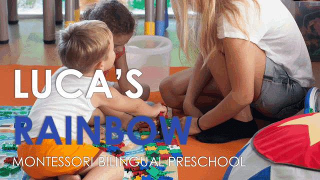 a poster for luca 's montessori bilingual preschool with children playing