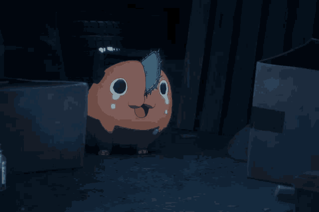 a cartoon character with a chainsaw on his head is standing in a dark room