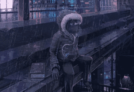 a person is sitting on a balcony in the rain with headphones on .