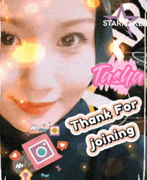 a woman 's face is shown with the words thank for joining below her