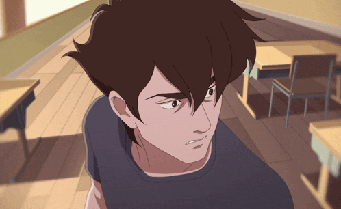 a cartoon drawing of a boy in a classroom with desks