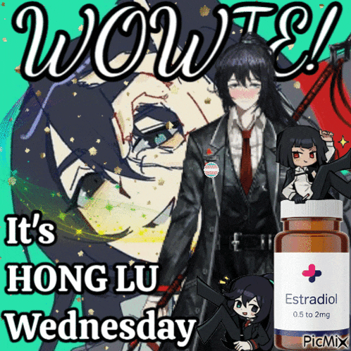 a bottle of estradiol is next to a picture of a girl in a suit and tie