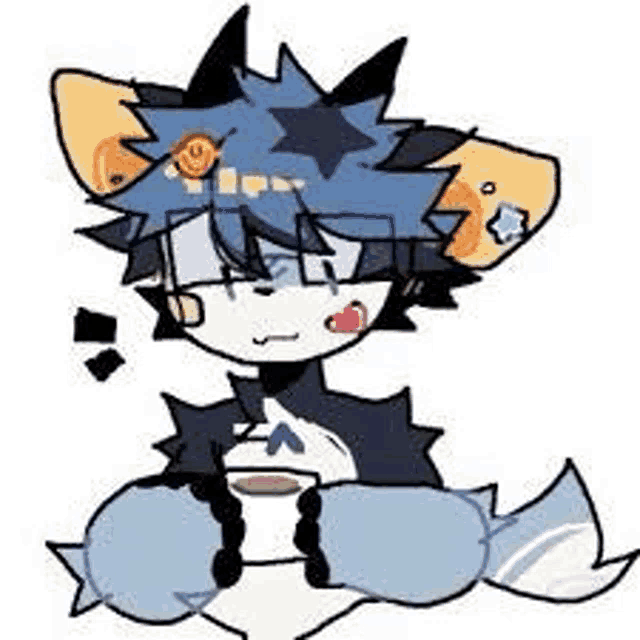 a furry cartoon character is sitting down holding a cup of coffee .