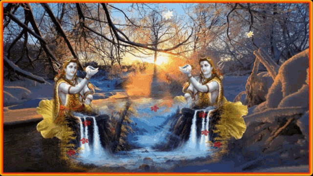 a painting of two deities sitting on a waterfall with the sun shining through the trees