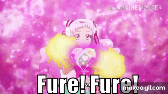 a girl in a pink dress is holding a balloon in her hands and says fure ! fure !
