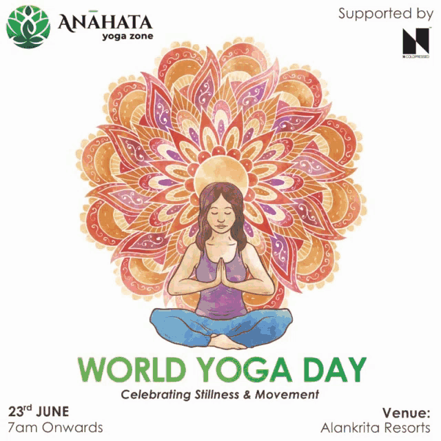 an advertisement for world yoga day shows a woman in a lotus position