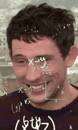 a man with math equations on his face including x = y and x = y + 2