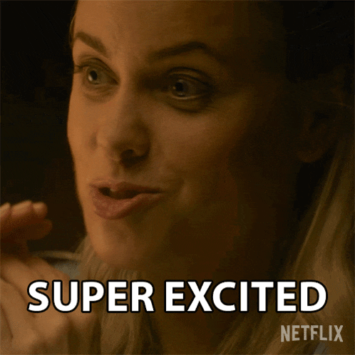 a close up of a woman 's face with the words super excited written below it