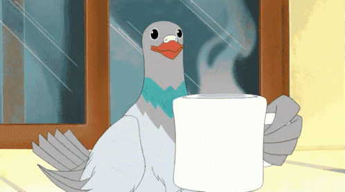 a cartoon pigeon is holding a cup of hot coffee