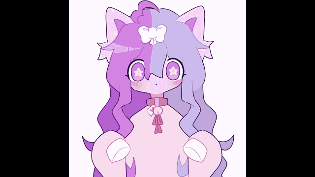 a cartoon drawing of a girl with purple and pink hair and a bow on her head .