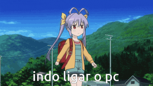 a girl with a backpack stands in front of a mountain with the words indo ligar o pc written below her