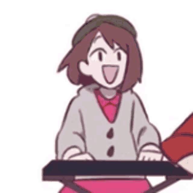 a cartoon girl is sitting at a keyboard with her mouth open and smiling .